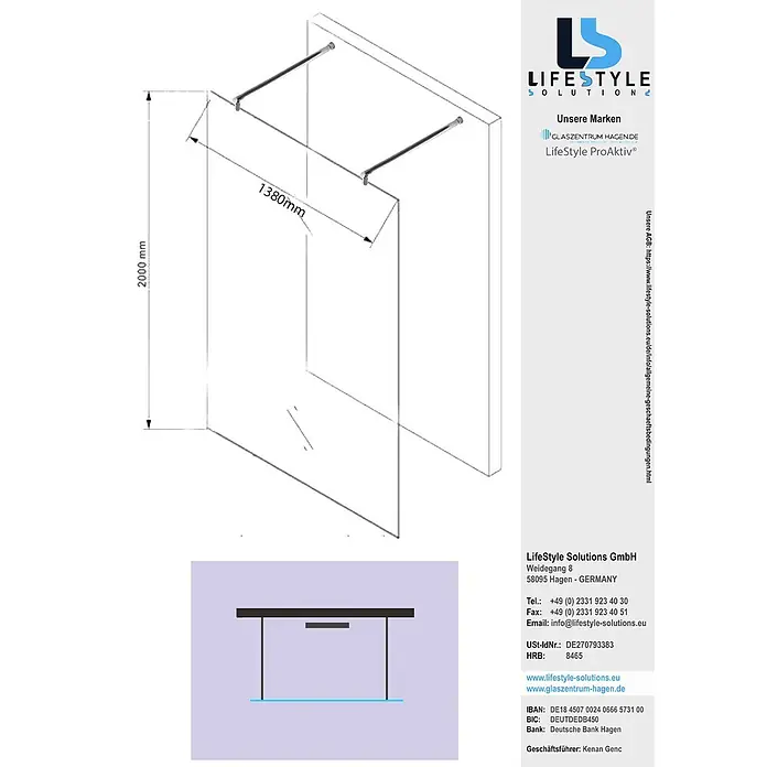 Glaszentrum Hagen Duschwand Glaszentrum Hagen Jade 138x200 cm Walk in Duschwand Klarglas, 2x Rundhalter - Eloxiert, Farblos - Klarglas-Duschwand mit chromfarbenen Haltestangen, 2000 mm hoch und 1380 mm breit.