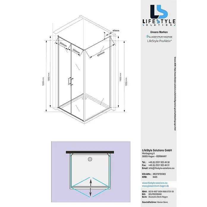 Glaszentrum Hagen Eckdusche Glaszentrum Hagen 80x80x195 cm Athene Duschkabine - 80 x 80 x 195 cm, Imprägniert, Farblos, Stärke: 8 mm - Technische Zeichnung einer Eck-Duschkabine aus Klarglas mit Metallprofilen und Schiebetüren.