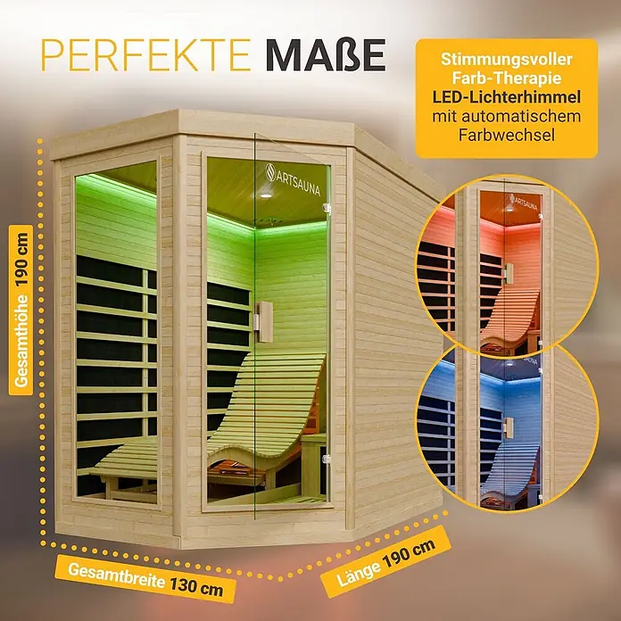 Infrarotkabine / Wärmekabine Kolding mit Dual-Heizsystem & Hemlockholz -  - Helle Holzsauna mit Glastür und farbwechselnder LED-Beleuchtung. Maße: 190x130x190 cm.