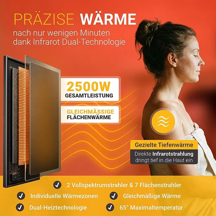 Infrarotkabine / Wärmekabine Kolding mit Dual-Heizsystem & Hemlockholz -  - Detaillierte Ansicht der Infrarot-Heiztechnologie mit Schichtpaneelen und einer Frau, die präzise Tiefenwärme genießt.