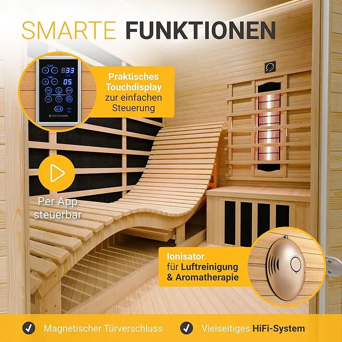 Infrarotkabine / Wärmekabine Kolding mit Dual-Heizsystem & Hemlockholz -  - Moderner Holzsauna-Innenraum mit Touch-Display, App-Steuerung, Ionisator und HiFi-System.