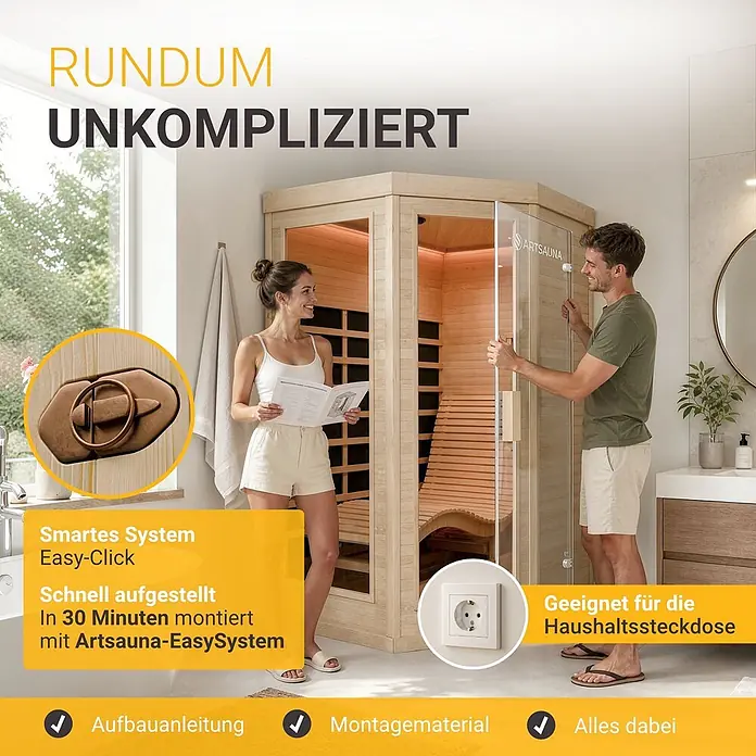 Infrarotkabine / Wärmekabine Kolding mit Dual-Heizsystem & Hemlockholz -  - Ein Paar baut eine moderne Holz-Infrarotsauna im Bad auf, Betonung auf einfache 30-Minuten-Montage und Haushaltssteckdosen-Eignung.