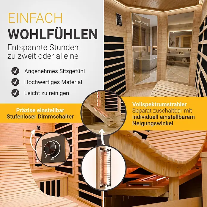 Infrarotkabine / Wärmekabine Kolding mit Dual-Heizsystem & Hemlockholz -  - Eine Holz-Infrarotsauna mit verstellbaren Vollspektrumstrahlern und Dimmerschalter für entspannte Stunden.