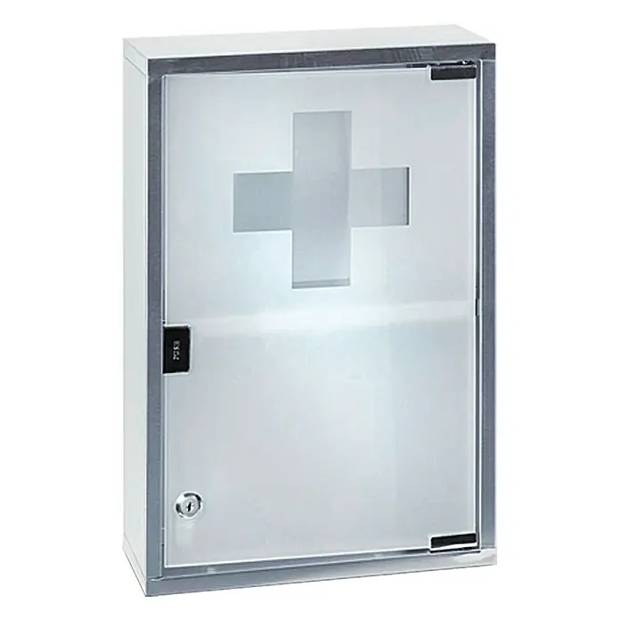 Medizinschrank - Stahl, 12 x 30 x 45 cm - Dieser Erste-Hilfe-Schrank ist mit einem klaren Kreuz auf der Milchglastür versehen. Ideal für den Einsatz in medizinischen Einrichtungen.