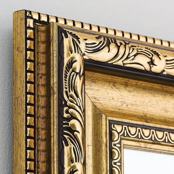 Orion Leuchten Wandspiegel - 44 x 54 cm - Verzierte gold-schwarze Bilderrahmen-Ecke mit floralen und Rollwerk-Designs.