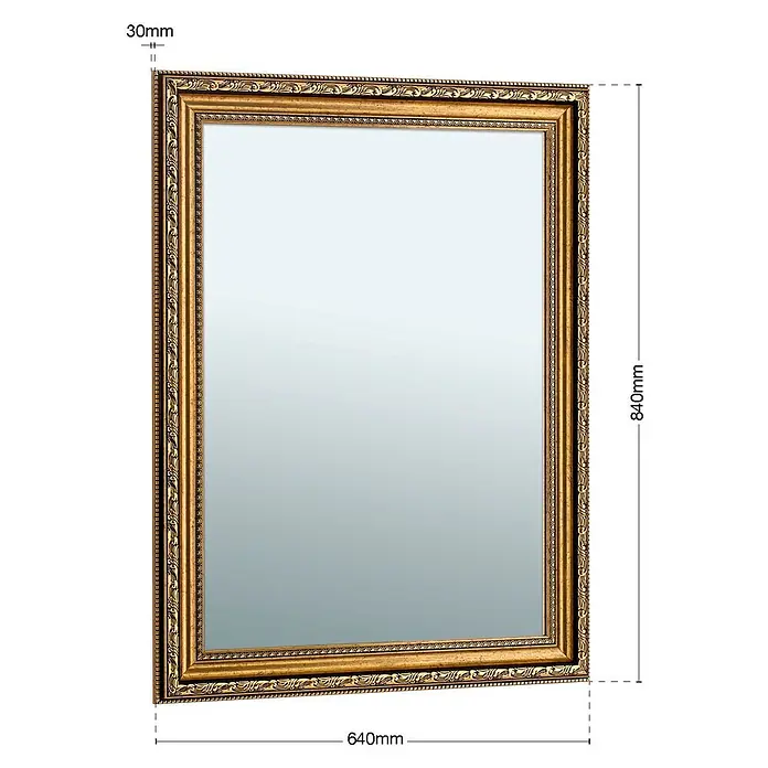 Orion Leuchten Wandspiegel - 64 x 84 cm - Rechteckiger Spiegel mit verziertem Goldrahmen, 840 mm hoch, 640 mm breit und 30 mm tief.