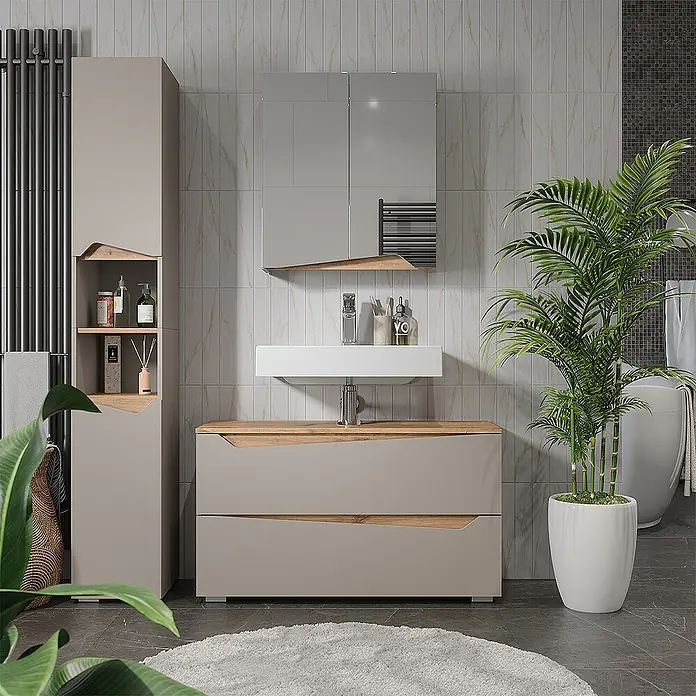 Vicco Badmöbel-Set - Greige, Matt - Modernes taupe-graues Badmöbelset mit Akzenten aus Naturholz, bestehend aus Hochschrank, Spiegelschrank und Waschtischunterschrank.
