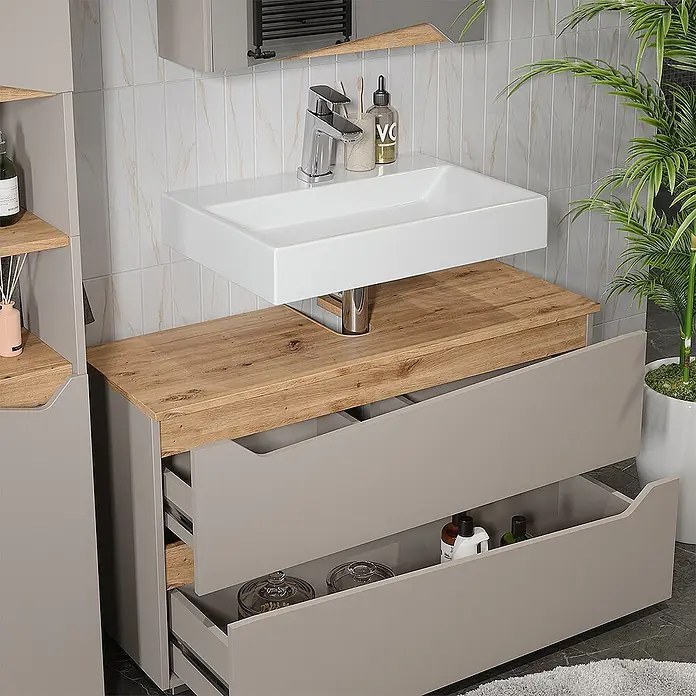 Vicco Badmöbel-Set - Greige, Matt - Moderner Waschtisch mit weißem Waschbecken, heller Holzplatte und offenen grauen Schubladen.