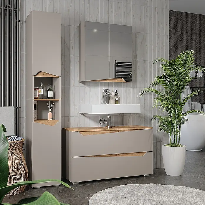 Vicco Badmöbel-Set - Greige, Matt - Modernes beiges Badmöbel-Set mit Naturholz-Akzenten, bestehend aus Hochschrank, Waschtisch mit Waschbecken und Spiegelschrank.
