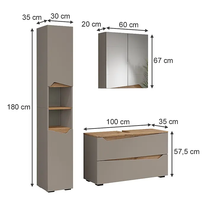 Vicco Badmöbel-Set - Greige, Matt - Badmöbel-Set in Taupe mit Holz-Akzenten: ein Hochschrank, Spiegelschrank und ein Waschtischunterschrank mit zwei Schubladen.