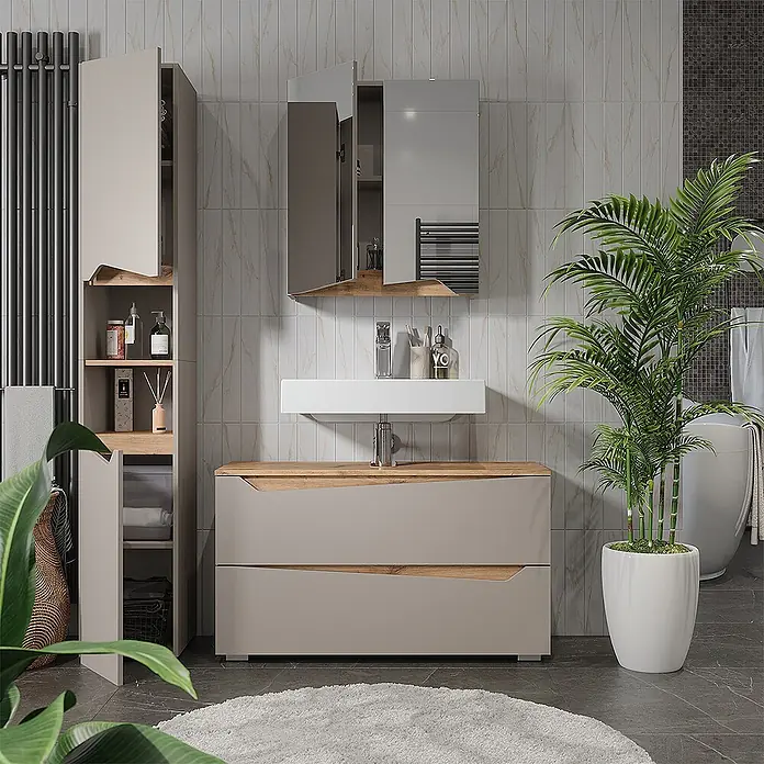 Vicco Badmöbel-Set - Greige, Matt - Moderne hellbeige Badmöbel mit integriertem Waschbecken und Hochschrank mit Holzdetails.