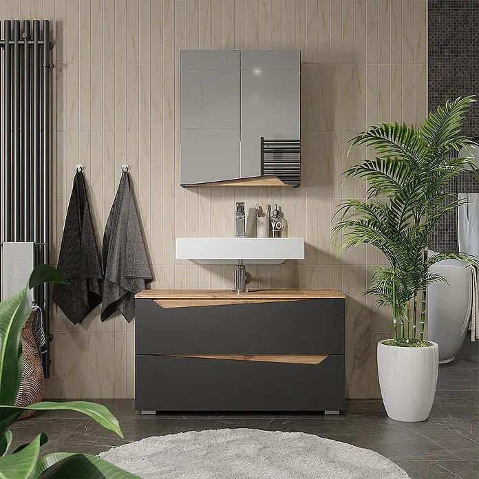 Vicco Badmöbel-Set - Anthrazit, Matt - Dunkelgrauer Badunterschrank mit Holzdetails, weißem Waschbecken und passendem Spiegelschrank, in einem modernen Bad.