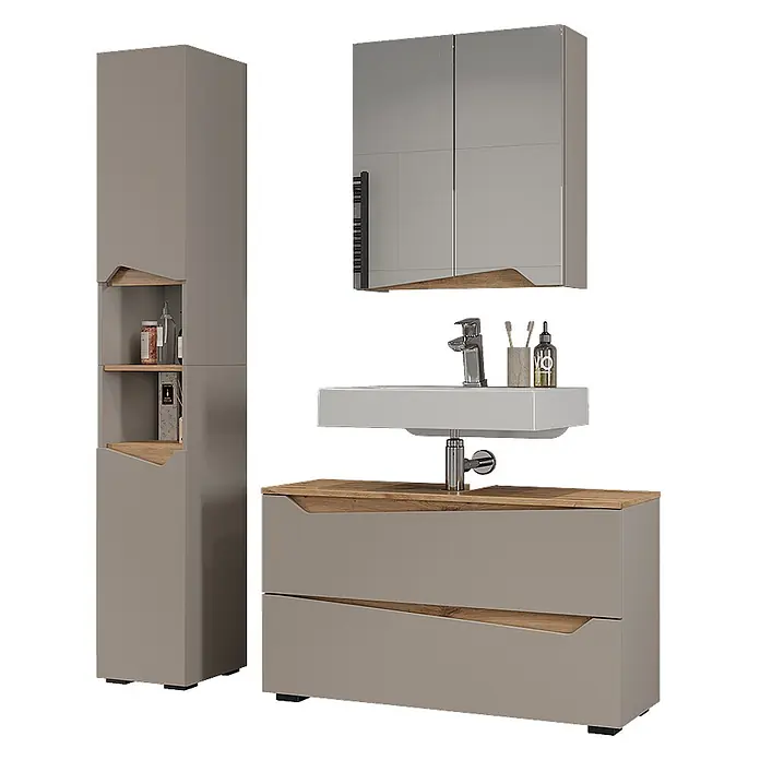 Vicco Badmöbel-Set - Greige, Matt - Modernes graues Badmöbel-Set mit Holz-Akzenten: Hochschrank, Spiegelschrank und Waschtisch mit Waschbecken.