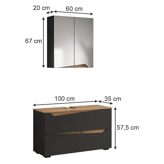 Vicco Badmöbel-Set - Anthrazit, Matt - Dunkelgrauer Spiegelschrank mit Spiegeltüren (60x20x67cm) und passender Waschtischunterschrank mit Holzplatte (100x35x57.5cm).