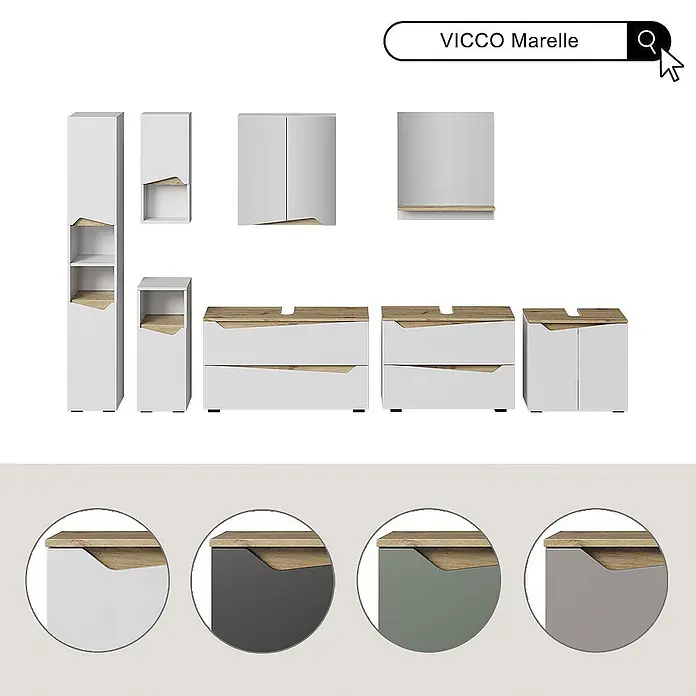 Vicco Badmöbel-Set - Weiß, Matt - Modernes Badmöbelset mit weißen, grauen und grünen Fronten und schrägen Holzdetails.