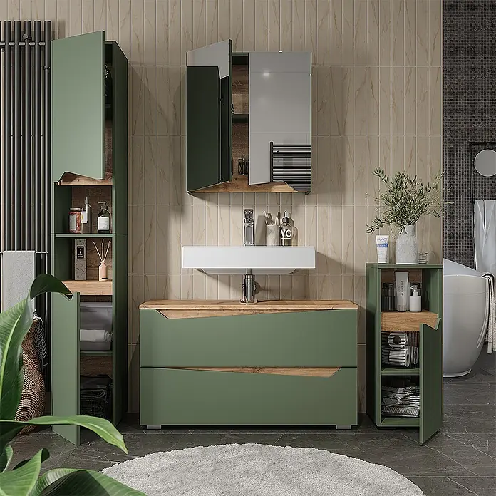 Vicco Badmöbel-Set - Grün, Matt - Modernes Badmöbel-Set in Grün und Holz mit Waschtisch, Hochschrank und Beistellschrank für stilvollen und praktischen Stauraum.