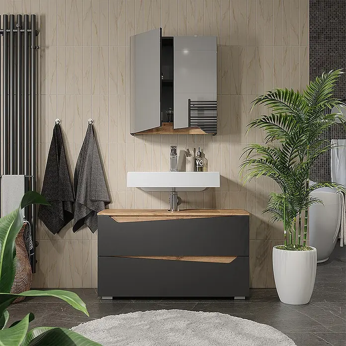 Vicco Badmöbel-Set - Anthrazit, Matt - Modernes dunkelgraues Badezimmermöbel mit Holzplatte, weißem Waschbecken und passendem Spiegelschrank, in einem modernen Bad.