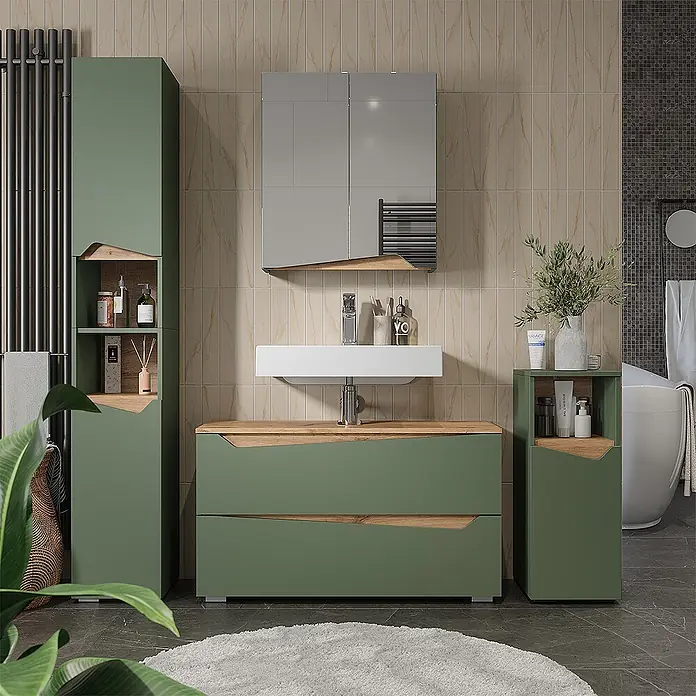 Vicco Badmöbel-Set - Grün, Matt - Modernes grünes Badmöbelset mit Holzdetails und weißem Waschbecken.