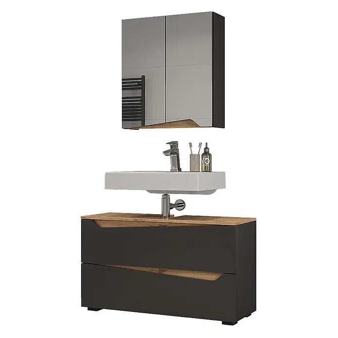 Vicco Badmöbel-Set - Anthrazit, Matt - Dunkelgrauer Badschrank mit Holzplatte und integriertem Waschbecken, dazu ein passender Spiegelschrank.