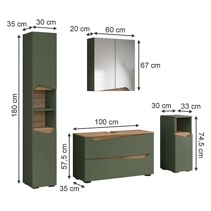Vicco Badmöbel-Set - Grün, Matt - Set aus olivgrünen Badmöbeln mit Holzdetails: Hochschrank, Spiegelschrank, Waschtischunterschrank und Beistellschrank.