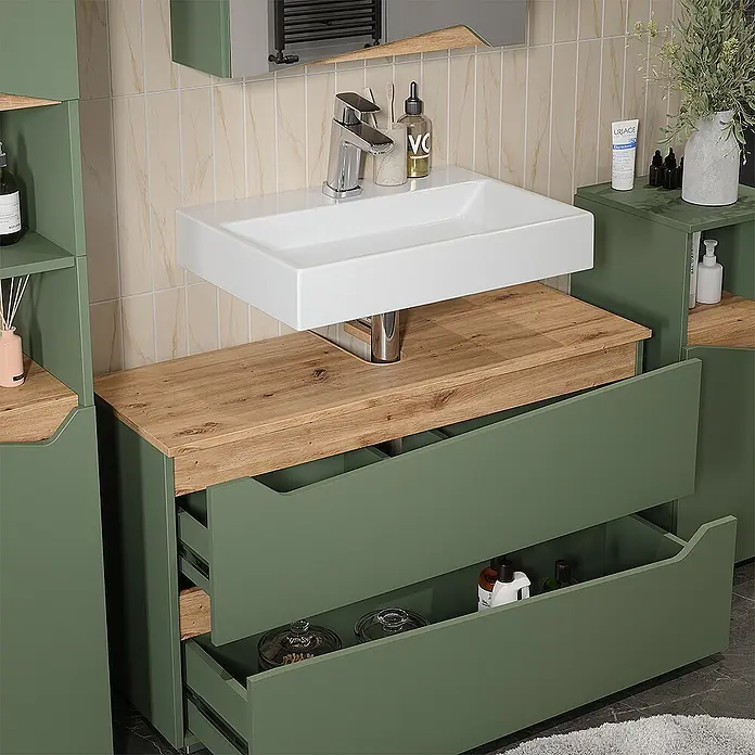 Vicco Badmöbel-Set - Grün, Matt - Modernes grünes Badezimmermöbelset mit Holzdetails, weißem Waschbecken und offenen Schubladen für Stauraum.