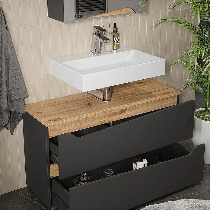 Vicco Badmöbel-Set - Anthrazit, Matt - Wandmontierter Waschtischunterschrank mit weißem Waschbecken, Holzplatte und dunklen Schubladen, eine offen für Stauraum.