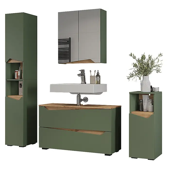 Vicco Badmöbel-Set - Grün, Matt - Dunkelgrüne Badmöbelgarnitur mit Holzapplikationen, bestehend aus Hochschrank, Waschtisch mit Waschbecken und Spiegelschrank sowie Beistellschrank.