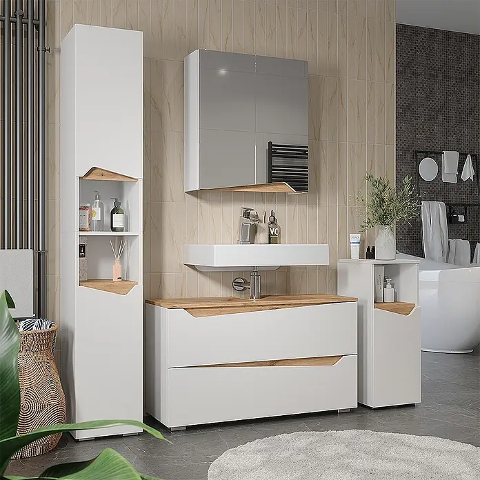 Vicco Badmöbel-Set - Weiß, Matt - Modernes weißes Badmöbelset mit Holz-Akzenten, bestehend aus Hochschrank, Waschtisch mit Waschbecken und Unterschrank, im Badezimmer.