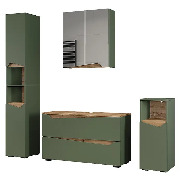 Vicco Badmöbel-Set - Grün, Matt - Grünes Badezimmermöbel-Set mit Holz-Akzenten, bestehend aus Hochschrank, Waschtischunterschrank, Kleinregal und Spiegelschrank.