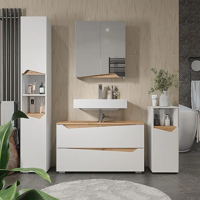 Vicco Badmöbel-Set - Weiß, Matt - Modernes weißes Badmöbelset mit Akzenten aus Naturholz, bestehend aus Hochschrank, Waschtisch, Spiegelschrank und Beistellschrank.