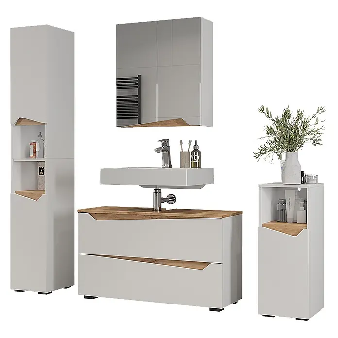 Vicco Badmöbel-Set - Weiß, Matt - Modernes Badmöbelset: Hochschrank, Waschtisch mit Waschbecken, Spiegelschrank und Beistellschrank, weiß mit Holzdetails.