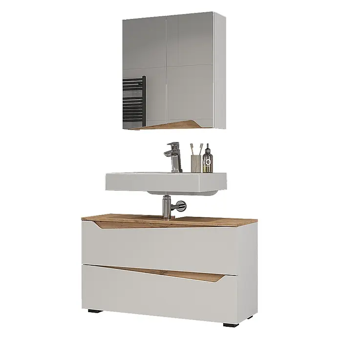 Vicco Badmöbel-Set - Weiß, Matt - Weißer Badunterschrank mit Holzapplikationen, integriertem Waschbecken, Chromarmatur und Spiegelschrank.