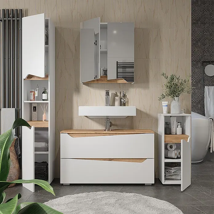 Vicco Badmöbel-Set - Weiß, Matt - Modernes weißes Badmöbelset mit Holzdetails, bestehend aus Hochschrank, Waschtisch, Spiegelschrank und Beistellschrank, für stilvolle Aufbewahrung.