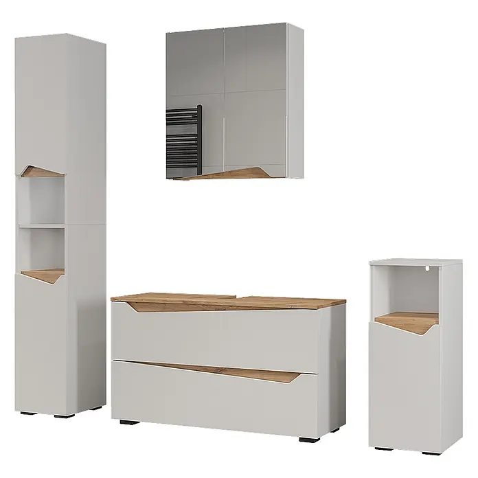 Vicco Badmöbel-Set - Weiß, Matt - Modernes hellgraues Badmöbel-Set mit Holzoptik-Akzenten, bestehend aus Hochschrank, Waschtischunterschrank, Spiegelschrank und Beistellschrank.