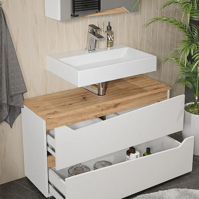 Vicco Badmöbel-Set - Weiß, Matt - Weißer Badschrank mit Keramikwaschbecken, heller Eichenplatte und zwei offenen weißen Schubladen.