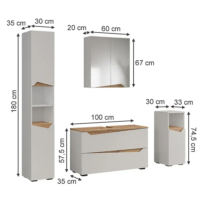 Vicco Badmöbel-Set - Weiß, Matt - Weißes Badmöbel-Set mit Holzoptik-Akzenten: Hochschrank, Wandschrank, Waschtischunterschrank und kleiner Beistellschrank.