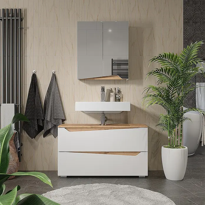 Vicco Badmöbel-Set - Weiß, Matt - Moderne weiße Badmöbel mit Holzdetails, integriertem Waschbecken, passendem Spiegelschrank und Handtuchheizkörper im Bad.