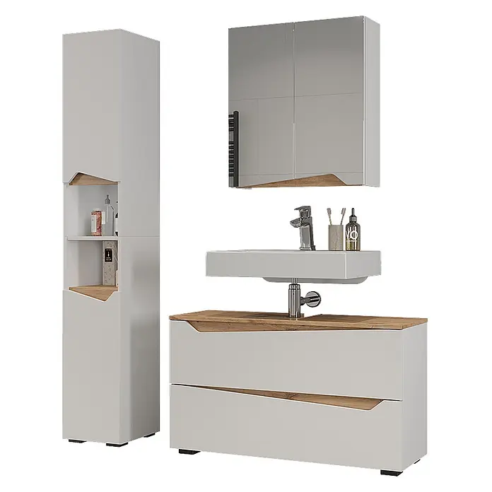 Vicco Badmöbel-Set - Weiß, Matt - Modernes hellgraues Badmöbel-Set mit Holzdetails, bestehend aus Hochschrank, Waschtischunterschrank und Spiegelschrank.