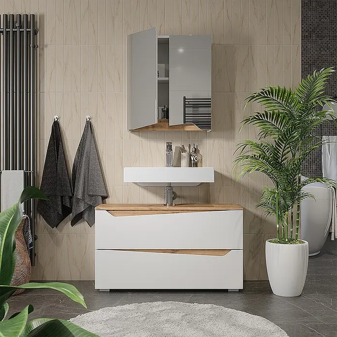Vicco Badmöbel-Set - Weiß, Matt - Moderner Badmöbelunterschrank mit weißen Schubladen und Holzdetails, integriertem Waschbecken und passendem Spiegelschrank.