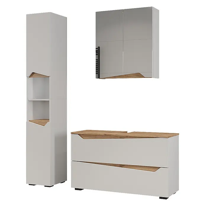 Vicco Badmöbel-Set - Weiß, Matt - Modernes hellgraues Badmöbel-Set mit Echtholzakzenten, bestehend aus Hochschrank, Spiegelschrank und Waschtischunterschrank.