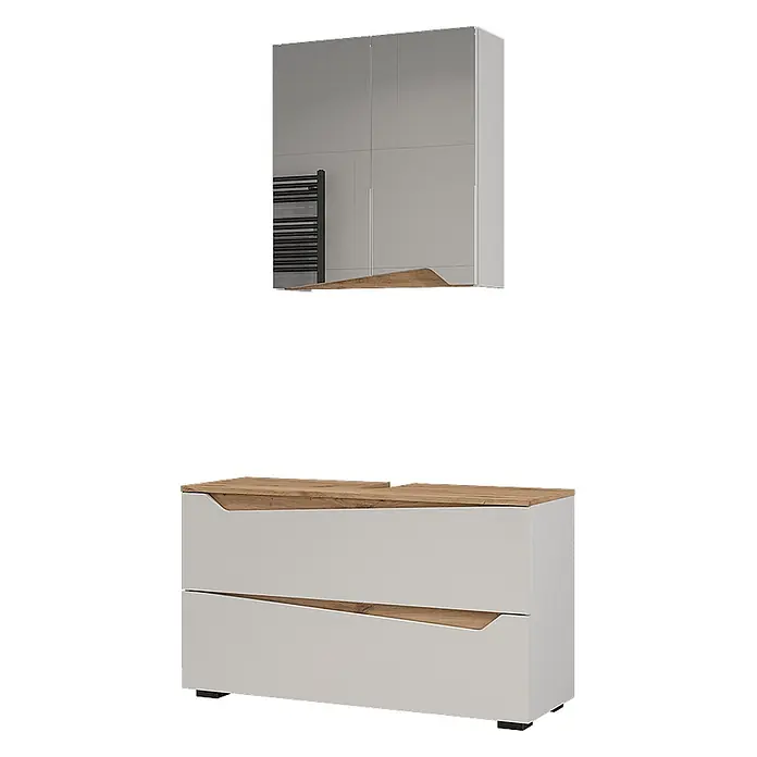 Vicco Badmöbel-Set - Weiß, Matt - Hellgrauer Badezimmer-Waschtisch mit Holzplatte und Spiegelschrank mit Holzverzierung.