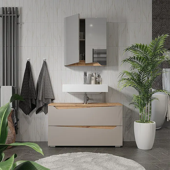 Vicco Badmöbel-Set - Greige, Matt - Moderner grauer Badschrank mit Holzoptik-Platte und weißem Waschbecken, dazu passender grauer Spiegelschrank.