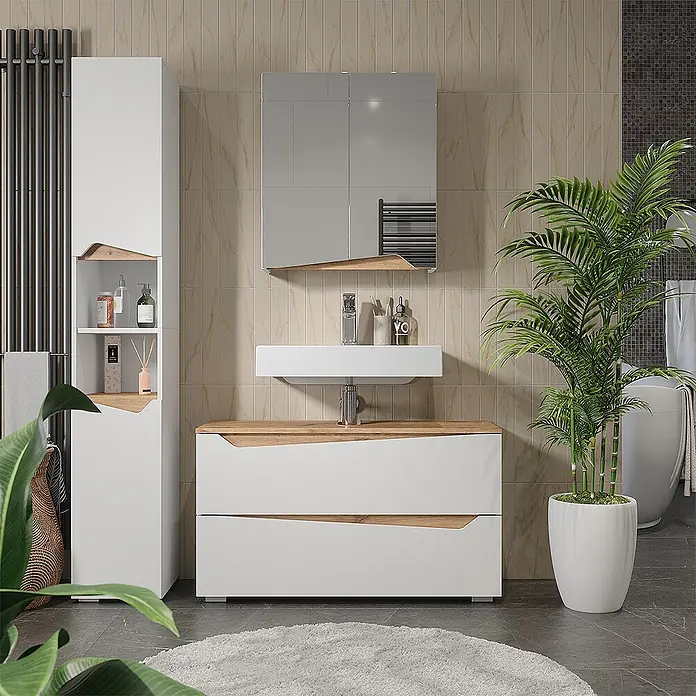 Vicco Badmöbel-Set - Weiß, Matt - Modernes weiß-holzfarbenes Badmöbelset mit Hochschrank, Waschtisch und Spiegelschrank, mit wellenförmigen Akzenten.