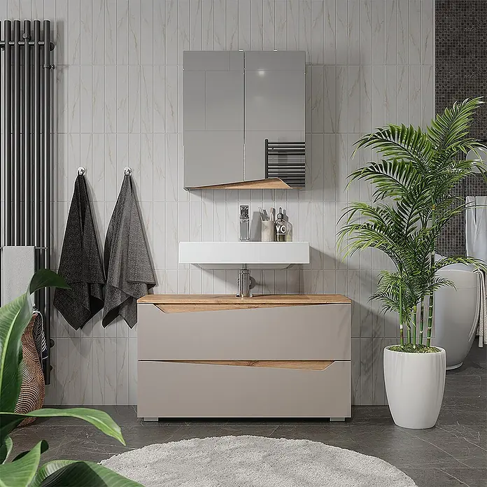 Vicco Badmöbel-Set - Greige, Matt - Modernes Badmöbelset mit hellgrauen Schränken, Holzdetails, weißem Waschbecken und Spiegelschrank.