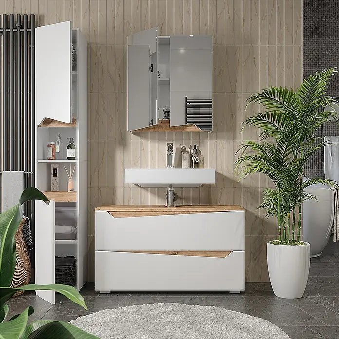 Vicco Badmöbel-Set - Weiß, Matt - Modernes weißes Badmöbelset mit Holzoptik-Akzenten, bestehend aus Hochschrank, Waschtisch mit Waschbecken und Spiegelschrank.
