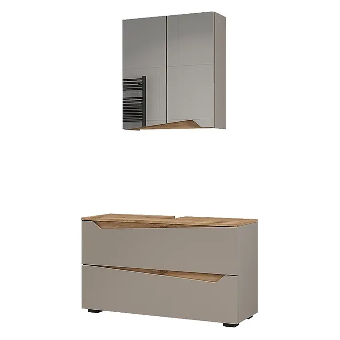 Vicco Badmöbel-Set - Greige, Matt - Zweiteiliges hellgraues Badmöbel-Set mit Spiegelschrank und Waschtischunterschrank mit Holzakzenten und asymmetrischen Griffen.