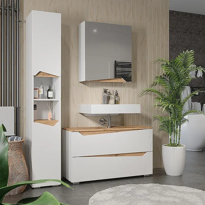 Vicco Badmöbel-Set - Weiß, Matt - Moderne weiße Badmöbel mit Holzakzenten: ein Hochschrank und ein Waschtischunterschrank mit Waschbecken.