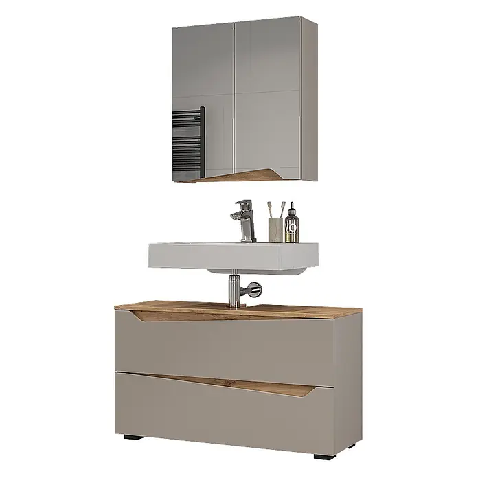 Vicco Badmöbel-Set - Greige, Matt - Helles graues Badmöbel-Set mit weißem Keramikwaschbecken, Chromarmatur, Spiegelschrank und Unterschrank mit Holzdetails.