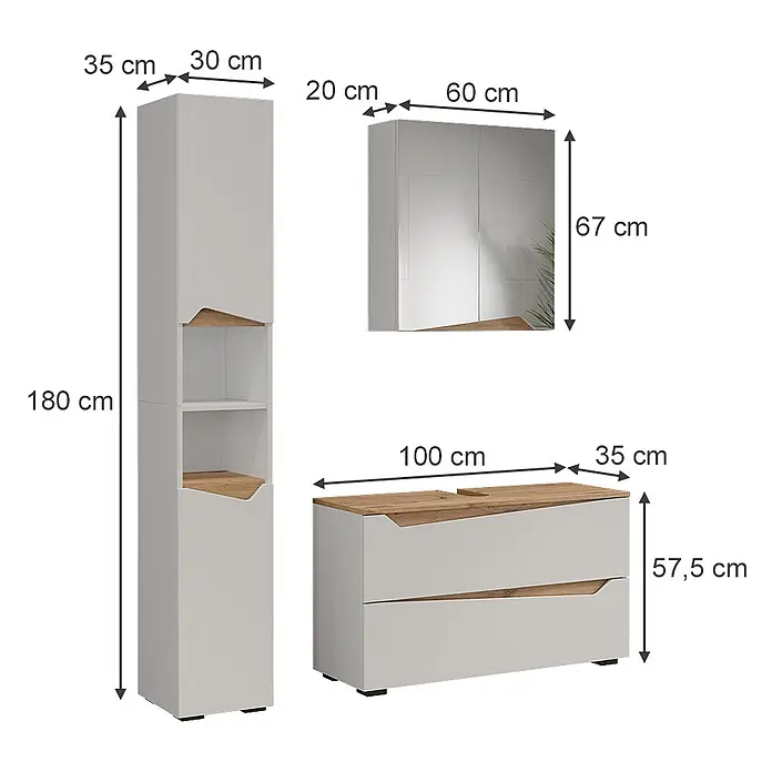 Vicco Badmöbel-Set - Weiß, Matt - Modernes Badezimmermöbel-Set in Hellgrau mit Holzdetails: Hochschrank, Spiegelschrank und Waschtischunterschrank.