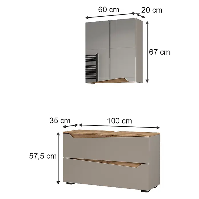 Vicco Badmöbel-Set - Greige, Matt - Modernes Badmöbel-Set in Grau und Holz: Wandschrank und Waschtisch mit zwei Schubladen.